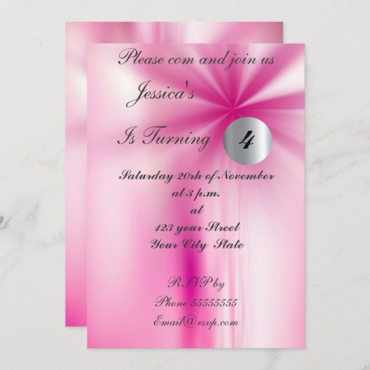 女の子のピンクの誕生日パーティー招待状 招待状 (正面/裏面)