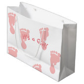 女の子のピンクの足跡パターン（の模様が）あるだ ラージペーパーバッグ (正面アングル)