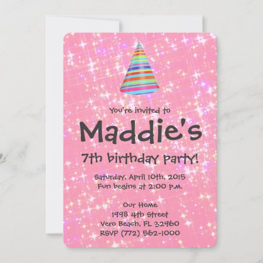 女の子のピンクの輝きの第7誕生会の招待 招待状 (正面)