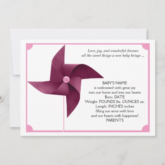 女の子のピンクの風車のベビーの発表 案内状 (正面)