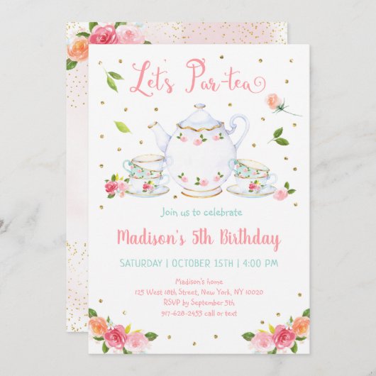 女の子のピンクゴールドフラワーティーパーティー誕生日 招待状 (正面/裏面)