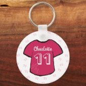 女の子のピンクサッカーシャツ任意の年齢の誕生日 キーホルダー (正面)