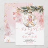 女の子のピンクジンジャーブレッドクリスマスベイビーシャワー 招待状 (正面/裏面)
