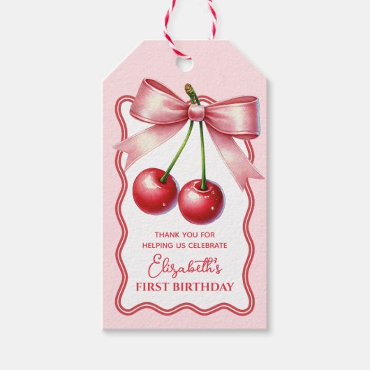 女の子のピンクレッドコケッティーチェリー ファースト 1歳の誕生日 ギフトタグ (正面)