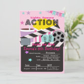 女の子のピンク映画館パーティー誕生日 招待状 (スタンド正面)