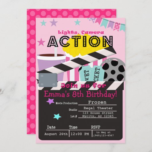 女の子のピンク映画館パーティー誕生日 招待状 (正面/裏面)