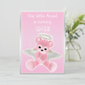 『女の子のピンク·エンジェル·テディ·ベア·ファースト·バースデー·パーティー』 招待状 (スタンド正面)