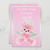 『女の子のピンク·エンジェル·テディ·ベア·ファースト·バースデー·パーティー』 招待状 (正面/裏面)