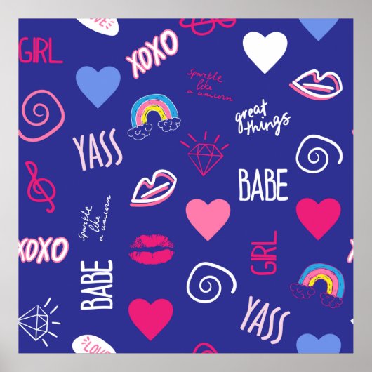 女の子のファッションのシームレスなパターンとスローガン。手d ポスター (正面)