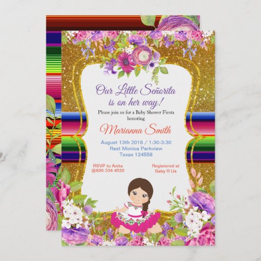 女の子のフェスタのベビーシャワーの招待の花柄のSenorita 招待状 (正面/裏面)