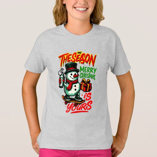 女の子のフェスティブスノーマンクリスマス かわいい ホリデー Tシャツ (正面)