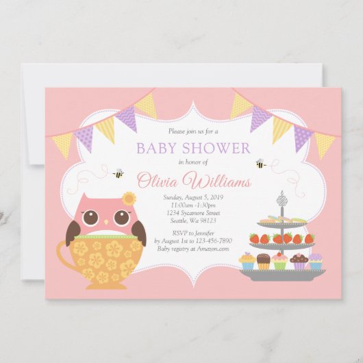 女の子のフクロウのティーパーティー ベビーシャワー招待状 招待状 (正面)