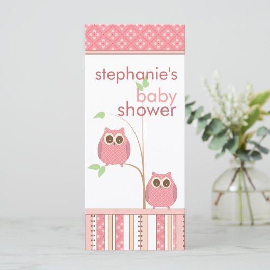 女の子のフクロウのピンクのベビーシャワーメニューカード メニュー (スタンド正面)