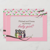 女の子のフクロウ家族のベビーシャワー 招待状 (正面/裏面)