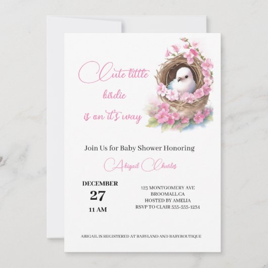 女の子のフローラの巣の赤ちゃんシャワーカード 招待状 (正面)