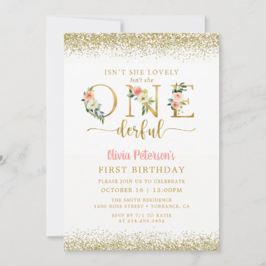 女の子のフローラは彼女はOnederful 1の誕生日ではない 招待状 (正面)