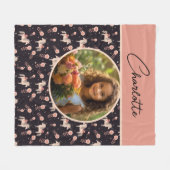 女の子のフローラカスタムユニコーンの写真と名前 フリースブランケット (正面(横))