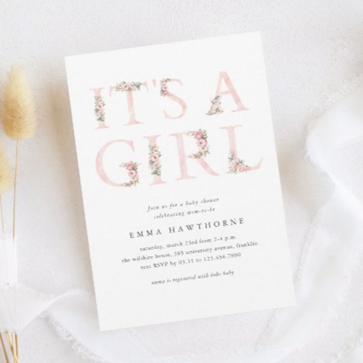 女の子のフローラタイポグラフィピンクの赤ちゃんシャワー 招待状