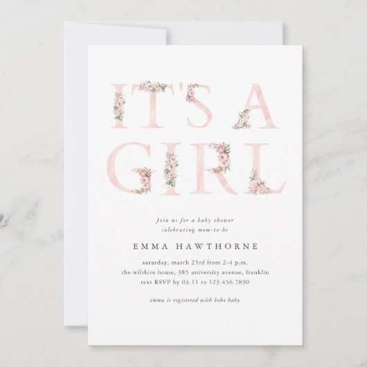 女の子のフローラタイポグラフィピンクの赤ちゃんシャワー 招待状 (正面)