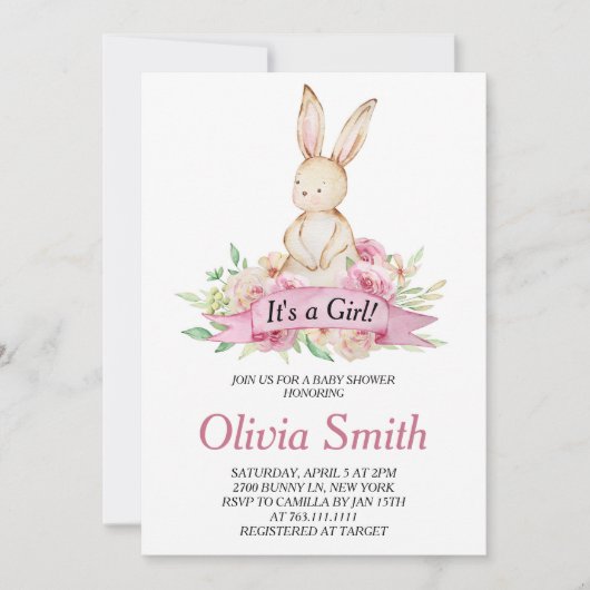 女の子のフローラバニーの水の色ベビーシャワー 招待状 (正面)
