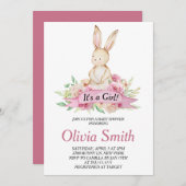 女の子のフローラバニーの水の色ベビーシャワー 招待状 (正面/裏面)