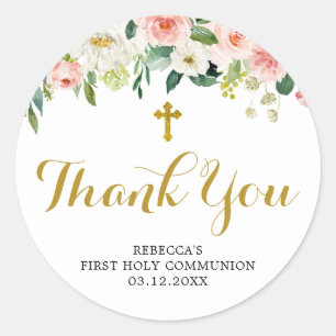女の子のフローラピンク最初のコミューニオンサンキューステッカー ラウンドシール
