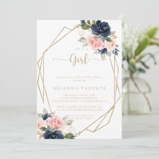 女の子のフローラ金ゴールド幾何学赤ちゃんシャワー 招待状 (スタンド正面)