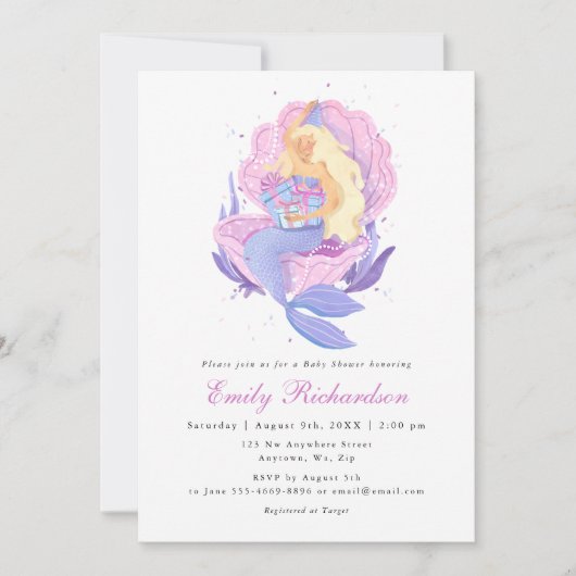 女の子のフワフワピンクのおとぎの国の人魚のベビーシャワー 招待状 (正面)