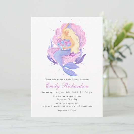 女の子のフワフワピンクのおとぎの国の人魚のベビーシャワー 招待状 (スタンド正面)