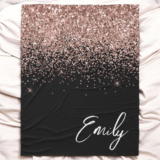 女の子のブラック ローズゴールド グリッター モノグラム フリースブランケット