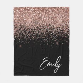 女の子のブラック ローズ ゴールド グリッター モノグラム フリースブランケット