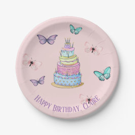 女の子のプリンセスのパーティー、蝶およびケーキ ペーパープレート