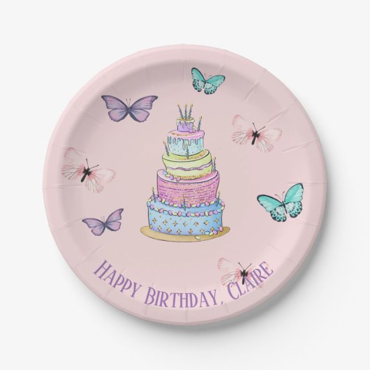 女の子のプリンセスのパーティー、蝶およびケーキ ペーパープレート (正面)