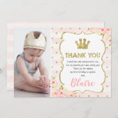 女の子のプリンセスクラウン1歳の誕生日感謝カード 招待状 (正面/裏面)