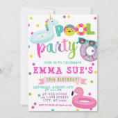 女の子のプールパーティーユニコーンフラミンゴフロート誕生日 招待状 (正面)