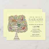 女の子のベイビーシャワー オウル 猫 & 鳥 招待状 (正面/裏面)