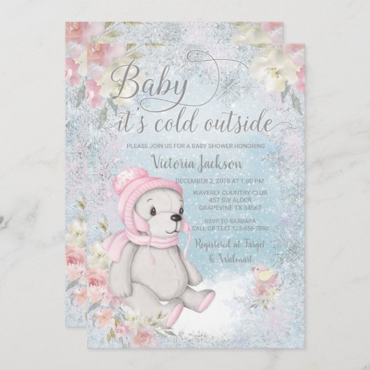 女の子のベビーその冷たい外クマのベビーシャワー 招待状 (正面/裏面)