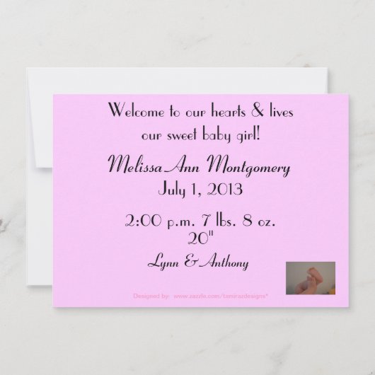 女の子のベビーつま先生発表カード 招待状 (裏面)