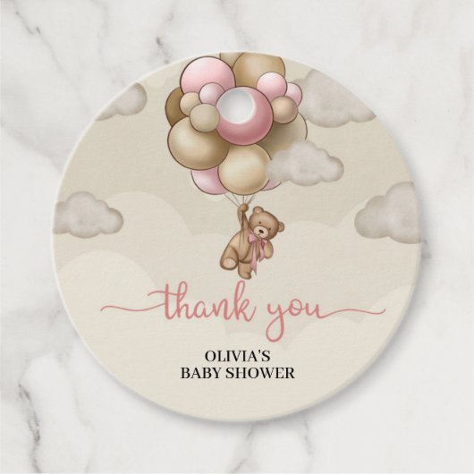 女の子のベビーはピンクの茶色のバルーン赤ちゃんシャワーを持つ フェイバータグ (正面)