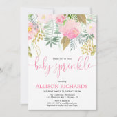 女の子のベビーはピンクの金ゴールドの緑の草木の花柄を振りかけます 招待状 (正面)