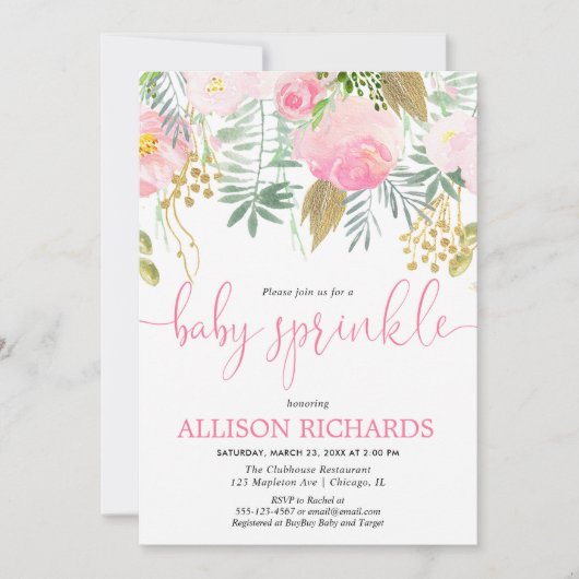 女の子のベビーはピンクの金ゴールドの緑の草木の花柄を振りかけます 招待状 (正面)