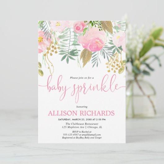 女の子のベビーはピンクの金ゴールドの緑の草木の花柄を振りかけます 招待状 (スタンド正面)