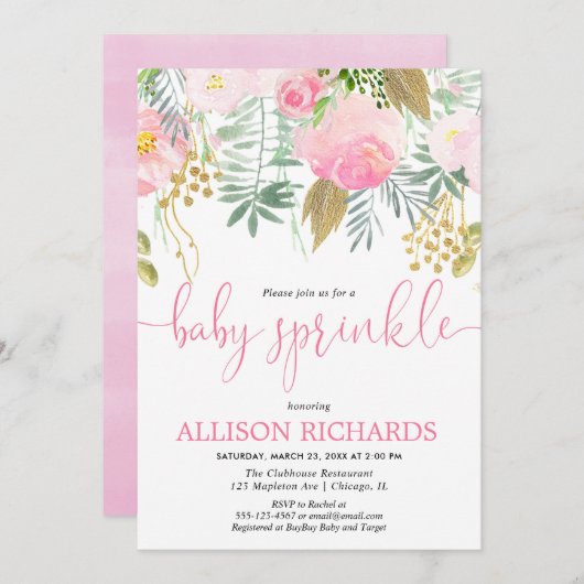 女の子のベビーはピンクの金ゴールドの緑の草木の花柄を振りかけます 招待状 (正面/裏面)