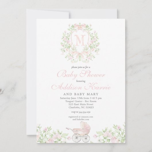 女の子のベビーカー モノグラム 招待状 (正面)