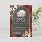 女の子のベビーキャリッジレッドブラックプレイドシャワー 招待状 (スタンド正面)