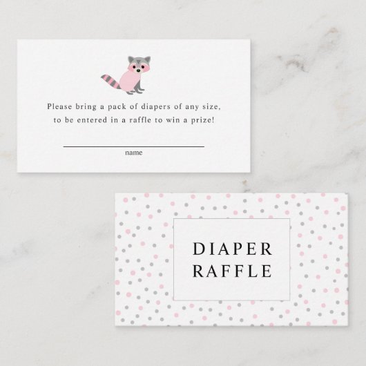 女の子のベビーシャワーのためのアライグマのおむつのラッフルカード エンクロージャーカード (正面/裏面)