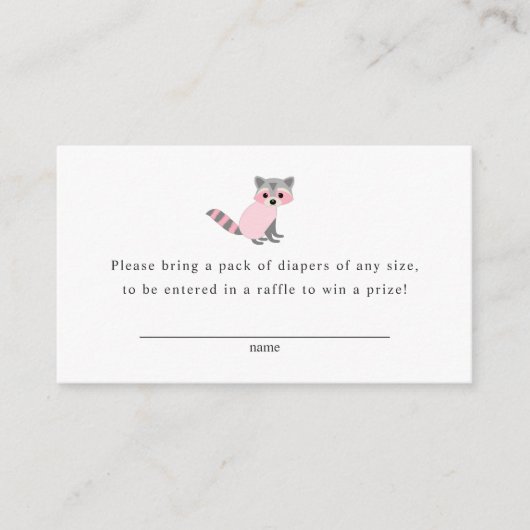 女の子のベビーシャワーのためのアライグマのおむつのラッフルカード エンクロージャーカード (正面)