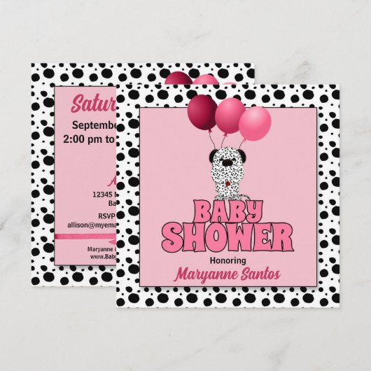 女の子のベビーシャワーのためのピンクのダルメシアン犬のテーマ 招待状 (正面/裏面)