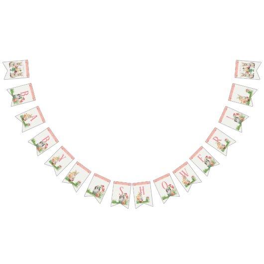 女の子のベビーシャワーのウサギのバニーの花柄の水彩画 バンティングフラッグ (全)