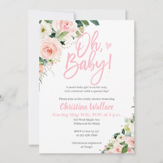 女の子のベビーシャワーのピンクとゴールドの招待状 招待状 (正面)